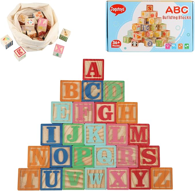 Joqutoys ABC Wooden Building Blocks for Toddlers 1-3 Large, 26 PCS Alphabet & Number Stacking Blocks, Educational Learning Toys for Boys Girls Kids Gifts 1.65''-CubbioJoy