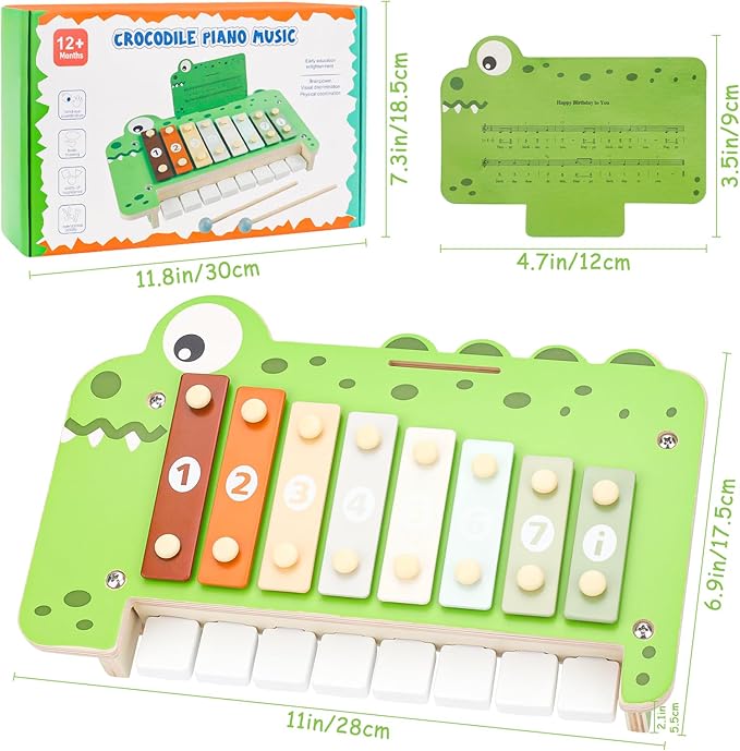 Baby Piano Xylophone Musical Toys - 2 in 1 Wooden Montessori Crocodile Toys for Toddler Kids, 8 Multicolored Key Keyboard Instruments, Preschool Educational Musical Learning Toy for Girls Boys-CubbioJoy
