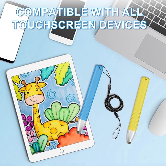 2pcs Kid-Friendly Stylus Pens for Touch Screens, Tablet Stylus Pen with Spring Cord Universal Touch Screen Capacitive Crayon Stylus Blue Yellow-CubbioJoy