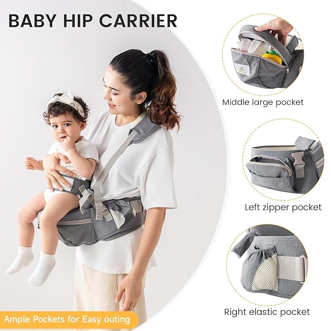 Baby Carrier with Hip Seat Adjustable Strap Huge Storage 4-in-1Toddler Carrier Enhanced Lumbar Support Ergonomic Baby Hip Carrier for Newborns & Toddlers Gray-CubbioJoy