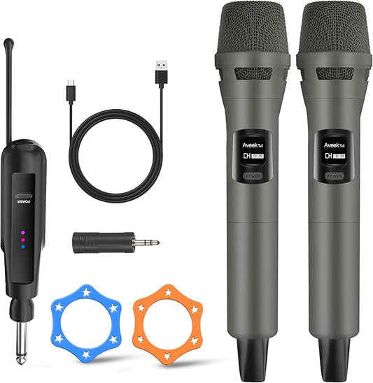 Aveek 2.4GHz Wireless Microphone System, 2 Rechargeable Mics and Receiver, Plug & Play for Karaoke Machine, Party Speakers, Home Entertainment, Wedding & Events - Crystal Clear Sound, 100ft Range-CubbioJoy