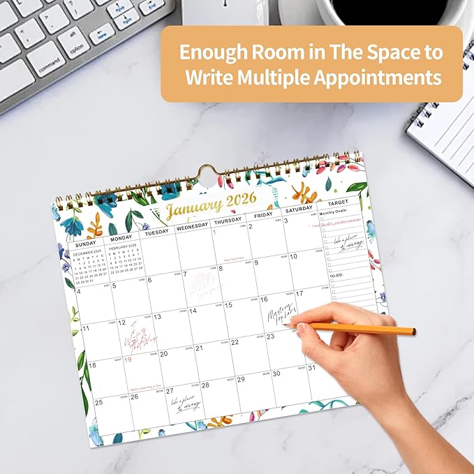 Calendar 2025-2027 22 Monthly Wall Calendar Runs from September 2025 until June 2027 Spiral Binding Hanging 11.5" x 14.7" Thick Paper with Julian Dates and Block for School Office（Flower）-CubbioJoy
