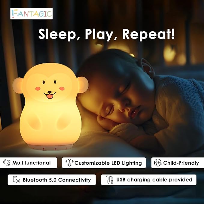 Combined Bluetooth Speaker & Nightlight With 9 Color Emissions, Child Friendly Silicone & BPA Free, USB Recharging, Receives Audio From Computer, Phone Or Tablet, and includes Remote Control (Monkey)-CubbioJoy