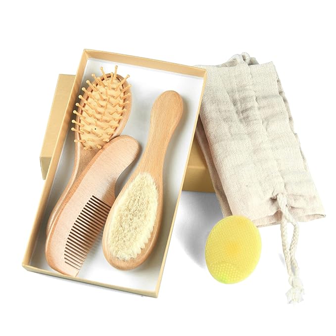 Baby Hair Brush and Comb Set (4-Piece) for Newborn - Wooden Baby Hairbrush Set，A Beechwood Brush, Baby Airbag Brush, Beech Handle Brush, and Prevent Cradle Cap Silicone Brush - Ideal Registry Gift-CubbioJoy