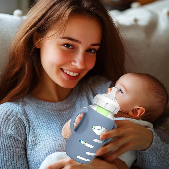 BUSOHA 3 Pack Silicone Sleeves for Dr Brown's Glass Baby Bottles - Drop Protection Baby Bottle Sleeves,Compatible with Dr. Brown's Newborn Glass Bottles,with Silicone Handles,9 oz-CubbioJoy