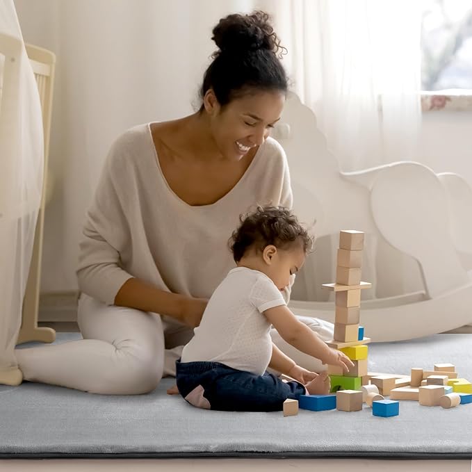BALAPET Thick Memory Foam 47x47 Play Mat for Playpen, Super Soft Velvet Portable Baby Playpen Mat for Kids Toddler Crawling and Play, Non-Slip Bottom Playmat, Grey-CubbioJoy