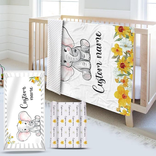 Custom Name Crib Bedding Set - Elephant Pattern, Personalized Yellow Floral Nursery Bedding 3-Piece Set– Soft Blanket, Fitted Sheet, Changing Pad Cover – for Newborns Girls Nursery Gifts-CubbioJoy