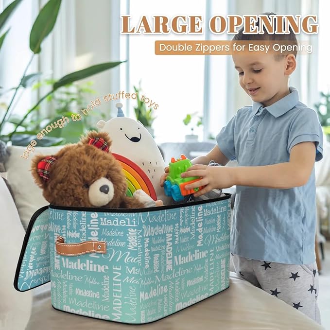 Custom Storage Basket with Name, Personalized Storage Bins with Zipper Lid, Foldable Fabric Storage Box Large capacity with Handle Grey Blue Green-CubbioJoy