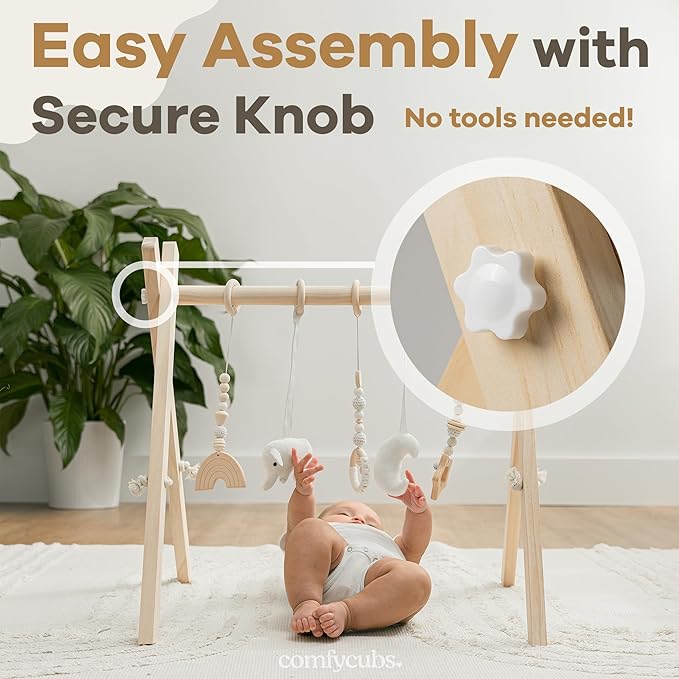Comfy Cubs Wooden Baby Play Gym - Natural Finish Pinewood Baby Activity Gym with 5 Sensory Hanging Toys - Easy No-Tool Assembly, Safe and Durable for Infant Motor and Visual Development - Natural Wood-CubbioJoy