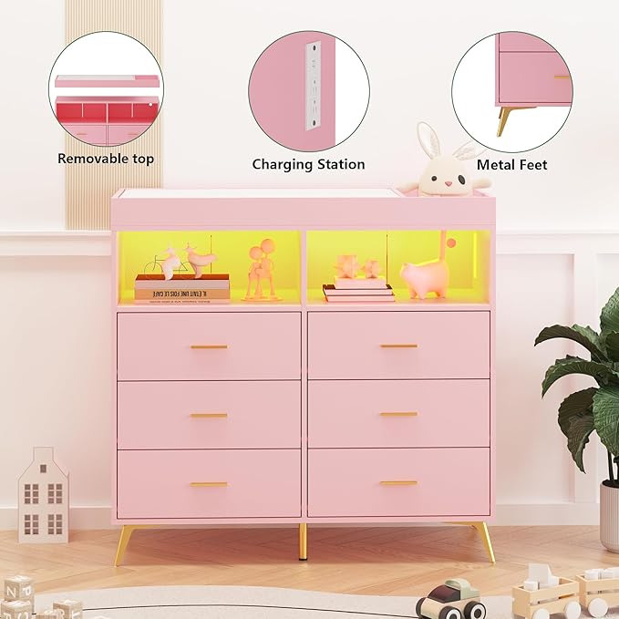 Changing Table Dresser with Drawers, Baby Dresser with Changing Table Top, Power Outlet, LED Light & Metal Feet, Diaper Changing Station Nursery Organizer for Infants Newborn, Pink-CubbioJoy