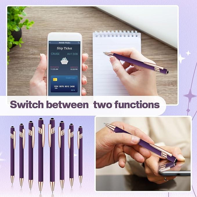 8 Pieces Ballpoint Pen with Stylus Tip Black Ink 2 in 1 Stylus Metal 1.0 mm Medium Point Smooth Pen Rainbow Colorful Rubberized Ballpoint for Touch Screen Tablet(Purple)-CubbioJoy