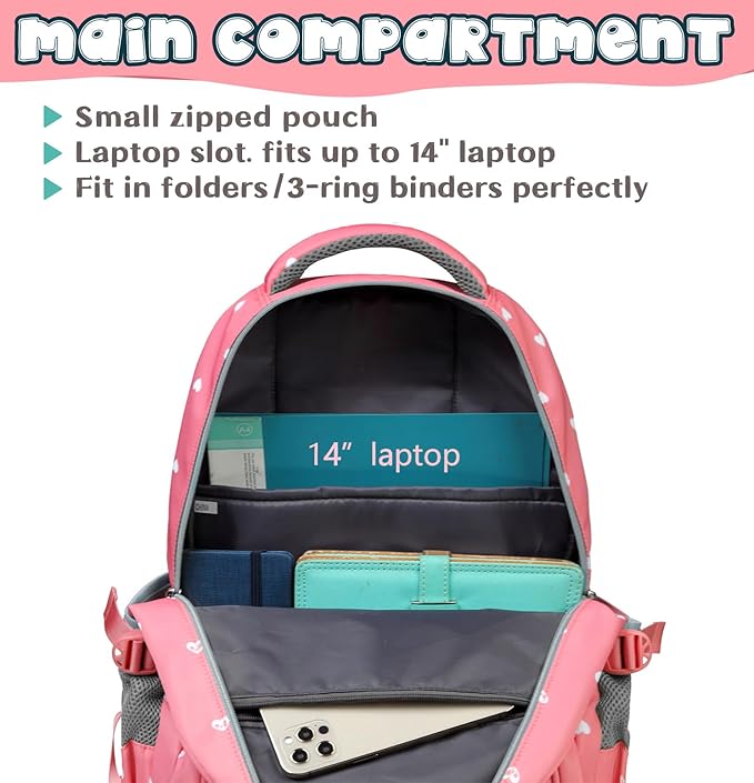 BLUEFAIRY Lightweight Water Resistant Backpack for Girls, Pink, 5-9 Years, Laptop Compartment, Adjustable Shoulder Straps, Breathable Mesh-CubbioJoy