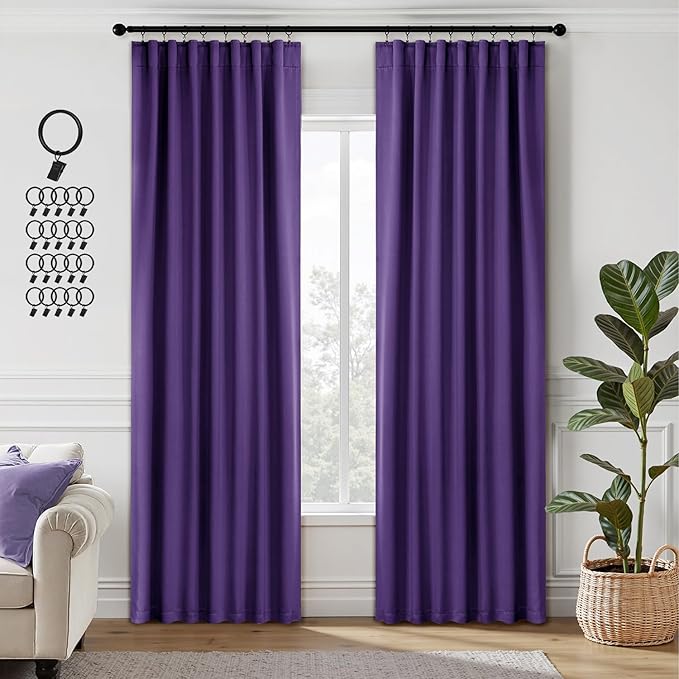 ANRODUO Back Tab Blackout Curtains for Bedroom Living Room, Rod Pocket Pinch Pleated Thermal Insulated Room Darkening Curtains 90 Inches Long 2 Panels, Purple, 42 x 90 Inch-CubbioJoy