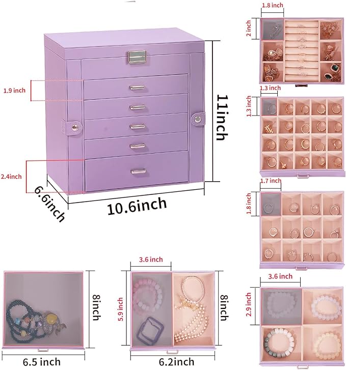 BOOVO Jewelry Box For women, 6 Layer Large Jewelry Organizer With Mirror, Multi-Function Storage Box With Lock, Accessory Holder With 5 Drawers, For Earrings Necklace Ring Bracelet (Purple)-CubbioJoy