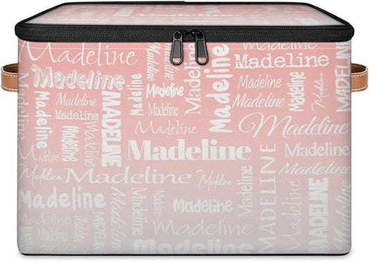 Custom Storage Basket with Name, Personalized Storage Bins with Zipper Lid, Foldable Fabric Storage Box Large capacity with Handle Pink White-CubbioJoy