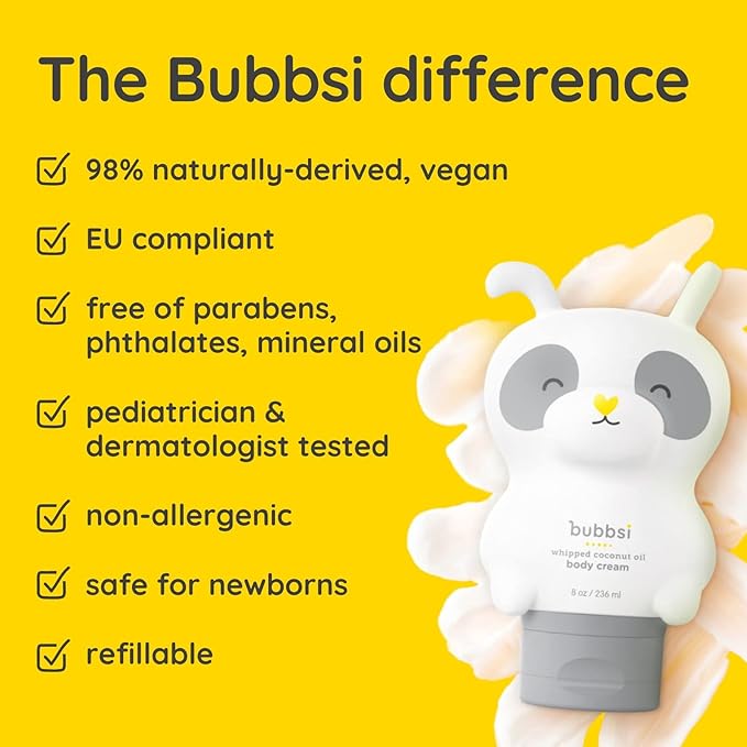 Bubbsi Whipped Coconut Oil Baby Lotion for Eczema, Dry Skin, Baby Acne, KP | Organic Coconut Oil, Shea Butter, Vitamin E | Light, Natural Scent | EU Compliant, Vegan (Refillable, 8oz)-CubbioJoy