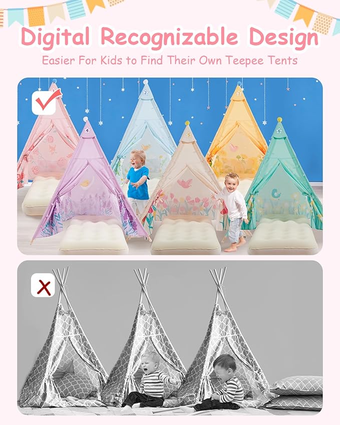 6 Pack Teepee Tent for Kids with Inflatable Airbed, Light, Toddler Tent Children Room Tents, Slumber Party Sleepover Tents, Indoor Outdoor Kids Playtent Playhouse for Girls & Boys-CubbioJoy