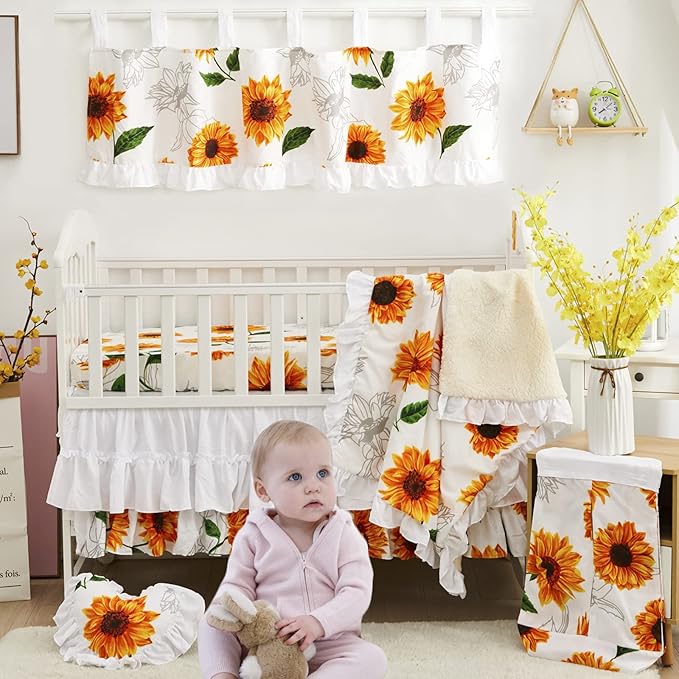 Brandream Nursery Bedding Farmhouse Floral Baby Bedding Yellow White Crib Blanket Set Sunflower Girls Boho Fitted Sheet,6 Piece-CubbioJoy