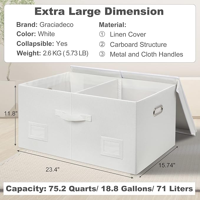 75 Quarts Extra Large Decorative Storage Bins with Lids, 3 Packs White Collapsible Storage Bins with Lids, Stackable Storage Bins Decorative Box Storage With Lid Extra Large-CubbioJoy