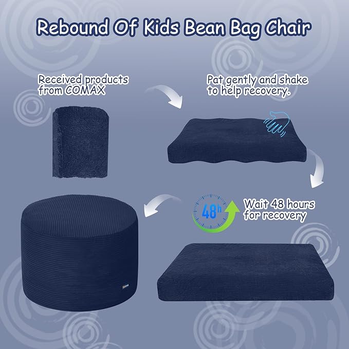 COMAX Kids Bean Bag Chair Turn into Beanbag Bed, Toddler Bean Chair Corduroy for Girl Boy Sleeping, Lazy Children Bean Bags with Filler, Convertible Child Floor Mattress, Dark Blue-CubbioJoy