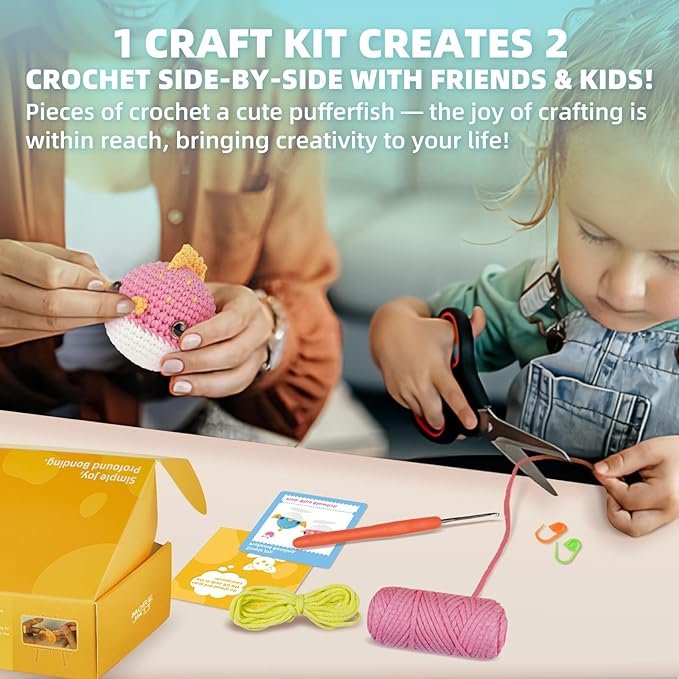 Crochet Kit for Beginners, Learn to Crochet, Include Easy Knitting Soft Yarn, Step-by-Step Video Tutorial, Hook, Holiday Birthday Gift for Adults and Kids(2 Pack Blowfish)-CubbioJoy