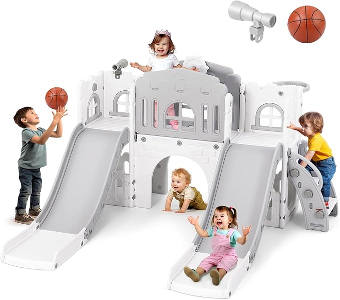 JOYLDIAS 9 in 1 Toddler Slide, Toddler Playground with Double Slides, Climber,Basketball Hoop,Tunnel, Telescope, Storage Space and Non-Slip Step, Indoor Outdoor Backyard Playset for Toddlers Age 1-3+-CubbioJoy