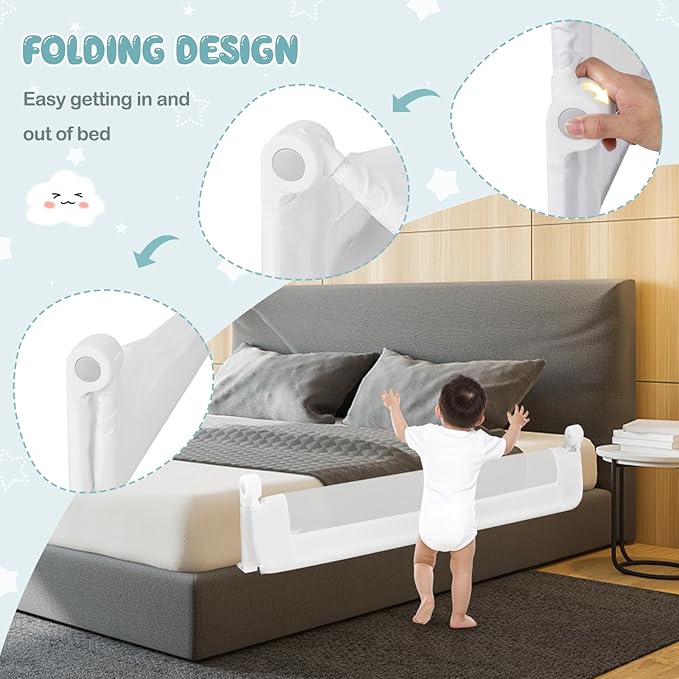 BABY JOY Double Sided Bed Rail Guard, 2 Pack, Extra Long, Swing Down for Convertible Crib, Folding Baby Safety Bedrail for Kids Twin Full Size Queen King Mattress, Rails for Toddlers (White, 60")-CubbioJoy