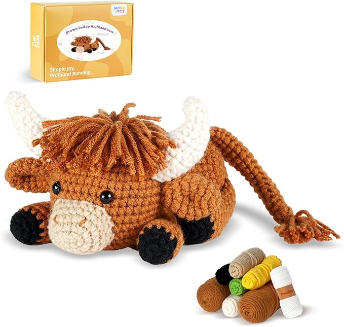 Crochet Kit for Beginners, Learn to Crochet, Include Easy Knitting Soft Yarn, Step-by-Step Video Tutorial, Hook, Holiday Birthday Gift for Adults and Kids(Highland Cow)-CubbioJoy