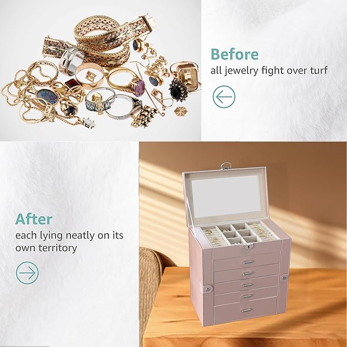 BOOVO Jewelry Box For women, 6 Layer Large Jewelry Organizer With Mirror, Multi-Function Storage Box With Lock, Accessory Holder With 5 Drawers, For Earrings Necklace Ring Bracelet (Rose Gold)-CubbioJoy