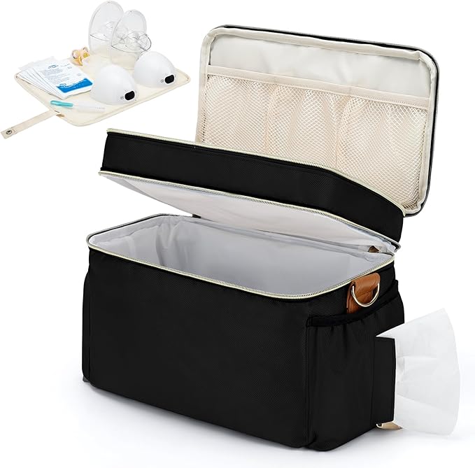 Breastmilk Cooler Bag with 6 Ice Pack, Wearable Breast Pump Bag Compatible with Willow, Elvie, Medela & Momcozy M5/S12 Pro Pumps & Accessories for Work, Travel and Family Use Black-CubbioJoy