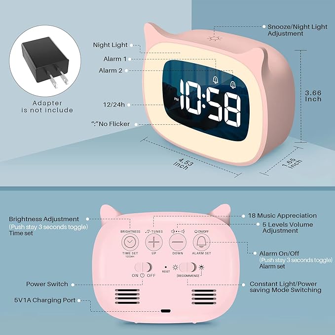 Kids Alarm Clock with Night Light & 18 Ringtones,Rechargeable,Cute Cat Ear Clock for Boys Girls Birthday Presents,Digital Clock for Children's Bedroom(Pink)-CubbioJoy
