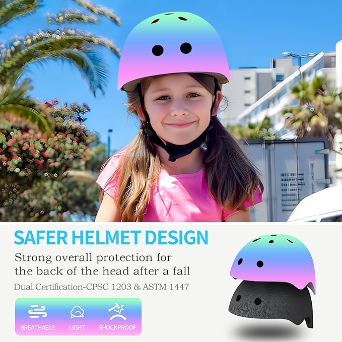 Adjustable Kids Bike Helmet with Knee & Elbow Pads Set, Color Gradient Design for Boys and Girls Aged 3-14+, for Skateboarding, Scooter, Roller & Inline Skating, Longboard-CubbioJoy