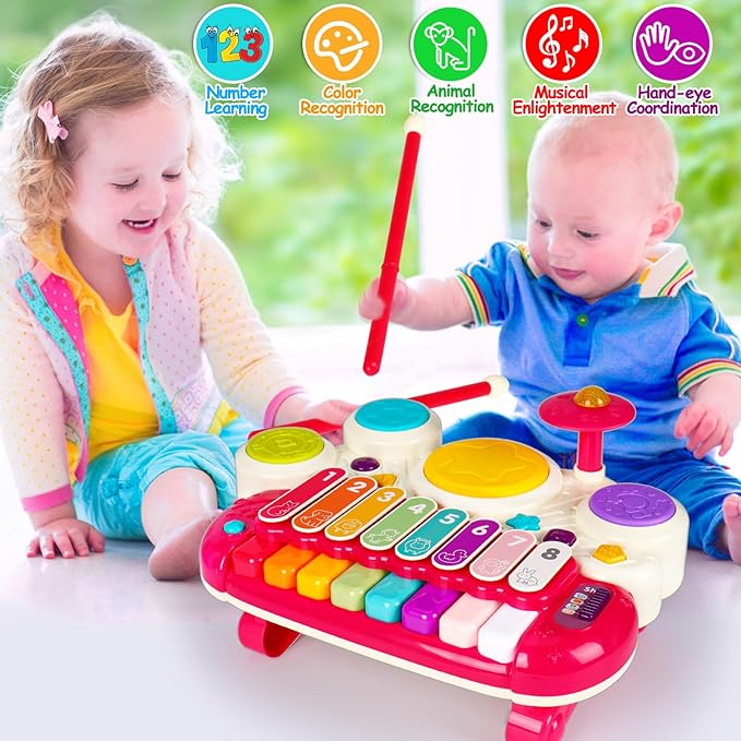 3 in 1 Musical Toys for Toddlers 1-3 Piano Xylophone Drum Set Toys for 1 2 3 Year Old Girls Birthday Music Instruments Baby Learning Developmental Sensory Toys Toddler Toys Age 1-2 2-3-CubbioJoy
