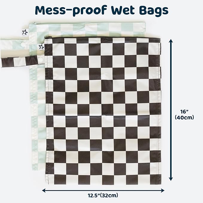 Tiny Twinkle Mess-Proof Waterproof Wet Dry Bag | 2-Pack Reusable Wet Bags for Swimsuits & Baby Clothes | Leakproof Wet Bag for Travel & Diaper Changes for Baby (Black, Green Checkers)-CubbioJoy