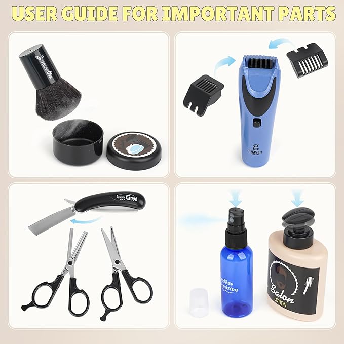 Barber Shop Pretend Play Toy, Kids Hair Salon Toys, Kids Shaving Kit for Boys Ages 3+ with Blow Dryer, Electric Shaver Toys, Tool Bag and Stylist Shave Barber Accessories for Role Play (Black)-CubbioJoy