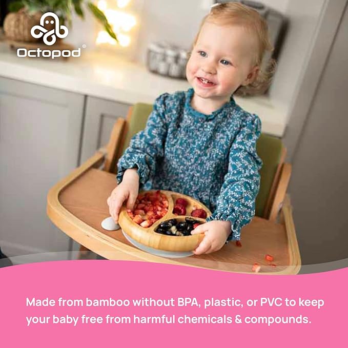 Abiie Octopod Bamboo Dish - Kids Plates for 4 months and up, 3-Compartment Baby Plates with Suction, Round Bamboo Baby Plate, Mess-Free Toddler Suction Plates, Baby Feeding Supplies, 7.5 x 7.5 x 1.9in-CubbioJoy