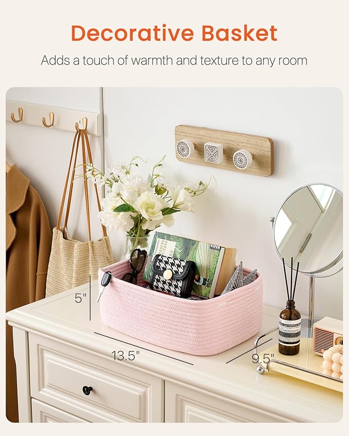 KALLAX Small Woven Basket, 13.5 x 9.5 x 5 Inches, Storage Basket for Organizing, Cute Small Rope Shelf Closet Cube Storage Bins Baskets for Shelves, Dog Toy Gift Baskets Empty, 3 Pack Light Pink-CubbioJoy