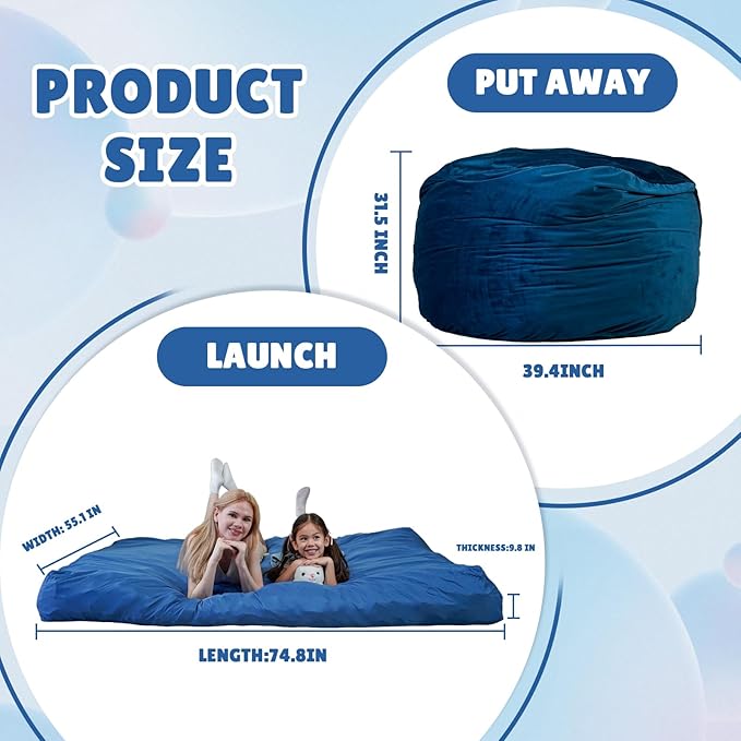 Bmag Giant Bean Bag Chair for Adults, 6FT Bean Bag Chair Convertible Bean Bag Pad, Lazy Sofa Chairs with Memory Foam Filler, Removable Washable Cover for Living Room Bedroom Office - Blue-CubbioJoy