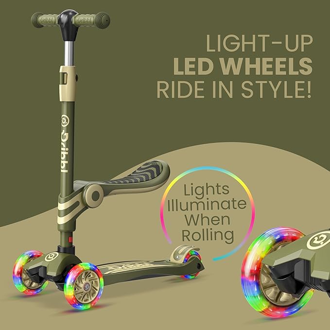 Army 3 Wheel Scooter with Seat for Kids – Light-Up LED Wheels, Adjustable Handlebar and Seat, Smooth PU Wheels, Wide Anti-Slip Deck, Rear Foot Brake – Toddler Outdoor Toys for Ages 2+-CubbioJoy