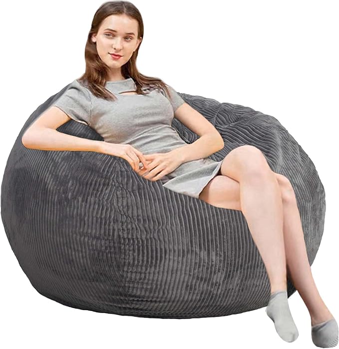 Bean Bag Chair 3Ft Luxurious Faux Rabbit Fur Memory Foam Bean Bag Chairs for Adults/Teens with Filling,Ultra Soft Faux Fur Fabric, Round Fluffy Sofa for Living Room Bedroom College Dorm (Grey)-CubbioJoy
