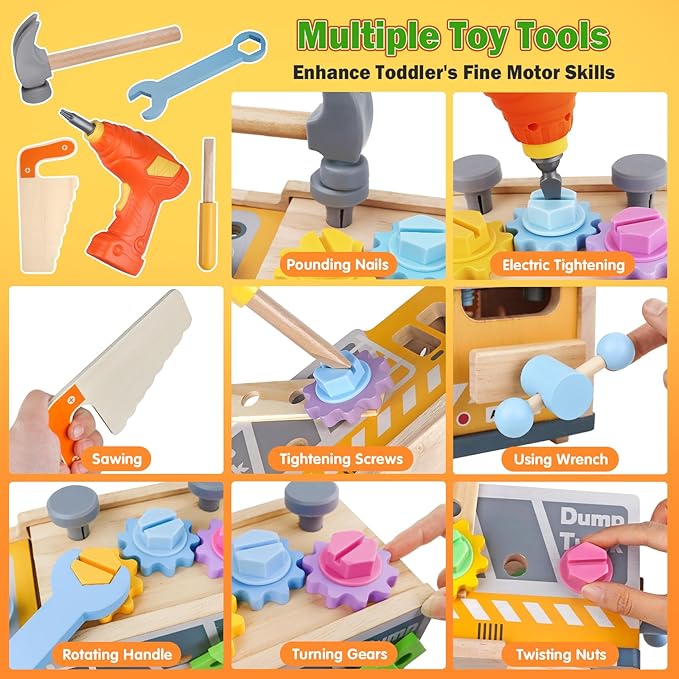 Aliex 38PCS Kids Wooden Truck Tool Set with Toy Drill for Toddlers Ages 3 4 5 6,Montessori STEM Educational Learning Construction Workbench Pretend Play Tool Kit,Birthday Sensory Gift for Boys Girls-CubbioJoy