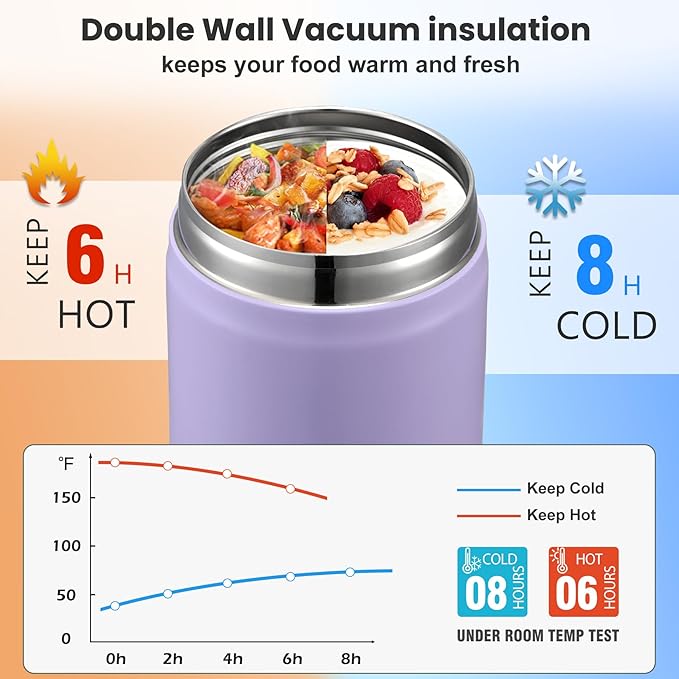 17oz Soup Thermo for Hot Food Kids,Insulated Food Jar with Spoon,Thermo Hot Food Lunch Container,Wide Mouth Leakproof Stainless Steel Lunch Box for School-Purple-CubbioJoy