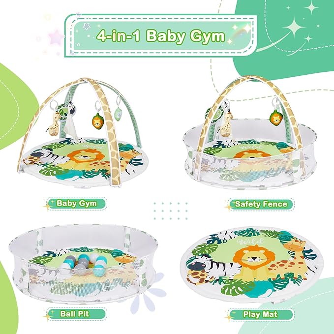 Baby Play Mat, 4-in-1 Baby Play Gym Tummy Time Mat with Ball Pit and 5 Detachable Toys for Newborn to Develop Sensory Exploration and Motor Skill 0-6-12 Months-CubbioJoy
