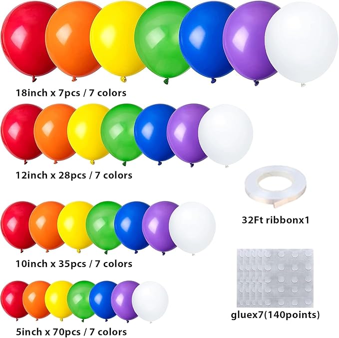 140pcs Rainbow Balloon Arch Kit, Rainbow Balloons of Different Sizes Pack of 18 12 10 5 Inch Party Balloon Kit for Birthday Party or Balloon Arch as Graduation Wedding Baby Shower Party Decorations-CubbioJoy