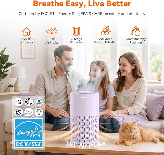 AIRROMI Air Purifier for Bedroom with HEPA 3-in-1 Filter, Pet Air Purifier for Home Cat Pee Smell, Covers Upto 990 Ft², Quiet 360°intake Air Cleaner for Pet Hair,Allergies,Pollen,Smoke A2001 Purple-CubbioJoy