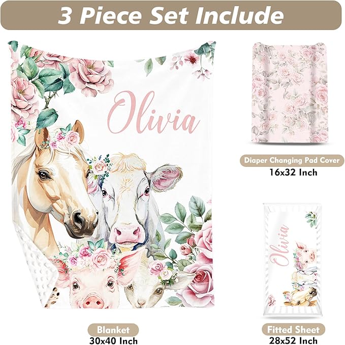 Custom Name Crib Bedding Set - Horse & Cow Pattern, Personalized Floral Nursery Bedding 3-Piece Set– Soft Blanket, Fitted Sheet, Changing Pad Cover – for Newborns Girls Nursery Gifts-CubbioJoy