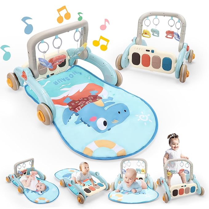 2 in 1 Baby Play Gym with Walker for Newborn, Baby Play Mat Activity Gym with 4 Infant Learning Sensory Tummy Time Mat for Infant Christmas Gifts Adjustable Height (Blue)-CubbioJoy