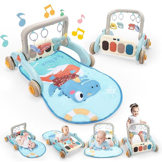 2 in 1 Baby Play Gym with Walker for Newborn, Baby Play Mat Activity Gym with 4 Infant Learning Sensory Tummy Time Mat for Infant Christmas Gifts Adjustable Height (Blue)-CubbioJoy