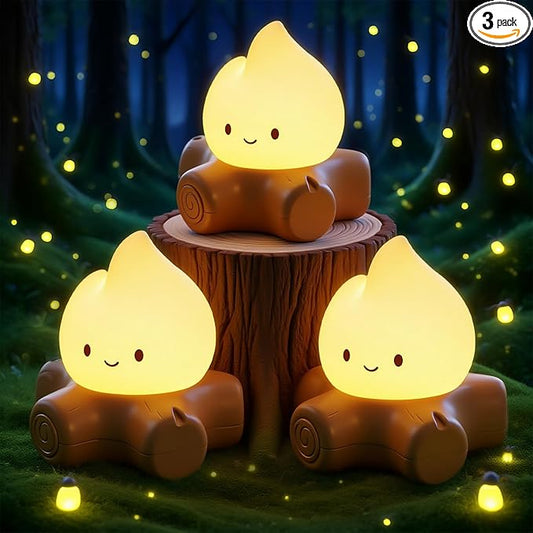 3pcs Campfire Night Light for Kids, Cute Campfire Lamp Gifts, LED Light up Flame Lights, Dimmable, Rechargeable Bedside Nightlight, Baby Nursery Dorm Kawaii Décor Toys Kits-CubbioJoy