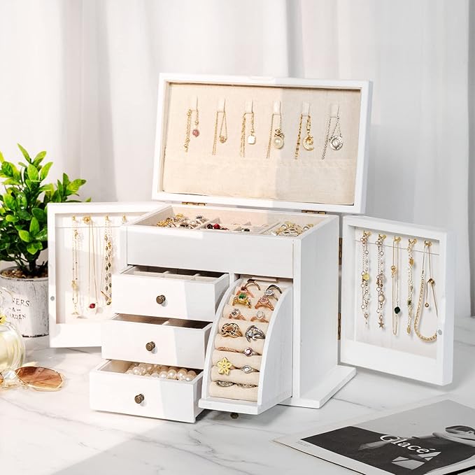 Jewelry Box Organizer, Solid Wood Jewelry Boxes for Women for Storage & Display Necklace Ring Earring Bracelet, Rustic Style Jewelry Organizer Box for Women Gifts (Weathered White)-CubbioJoy